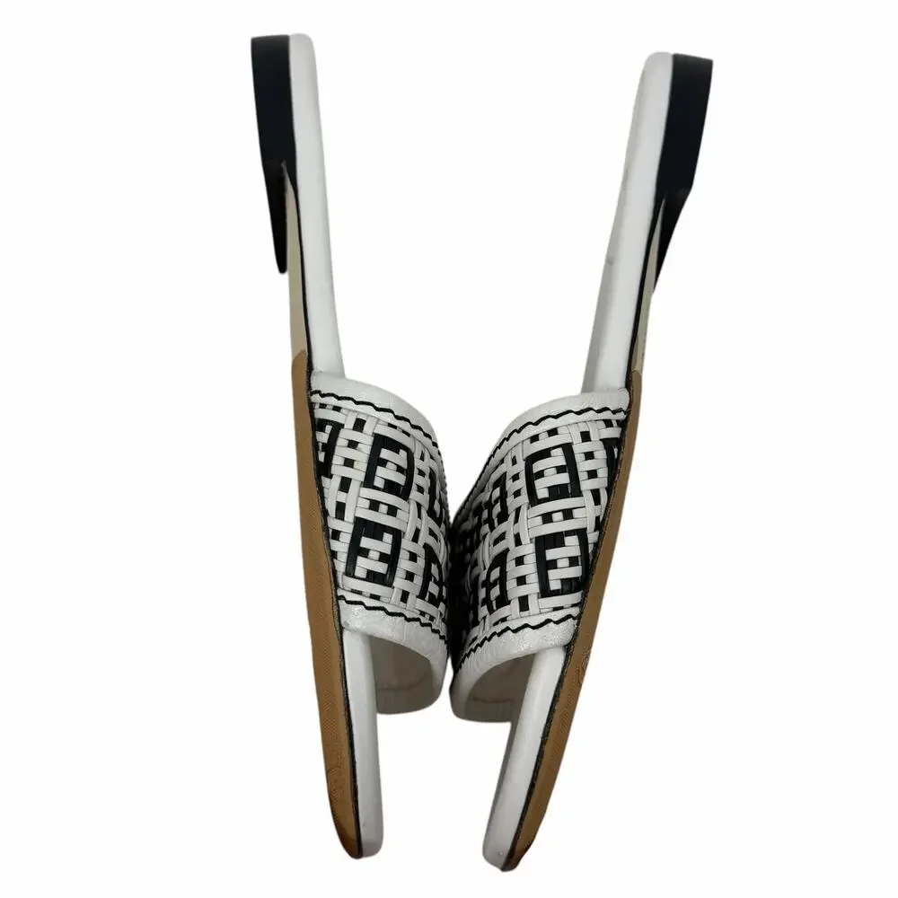 Fendi Rafia Weave Logo Leather Slide Sandal White Black Size 38.5